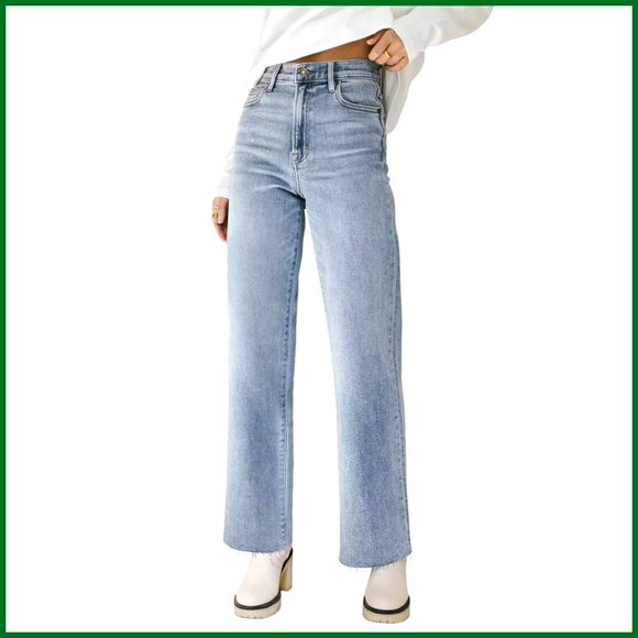 High Waisted Straight Leg Jeans Raw Hem Cropped Loose Stretchy Wide Leg